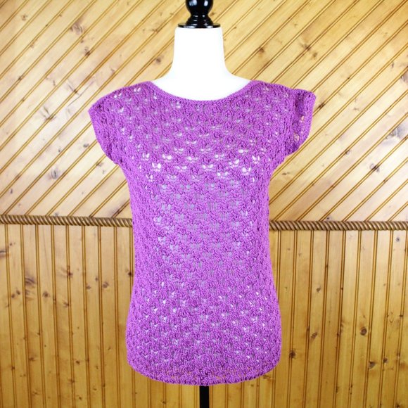Purple Open Stitch Sweater Short Sleeve Handknit Handmade Small Knit Fall CA123 - Picture 9 of 9